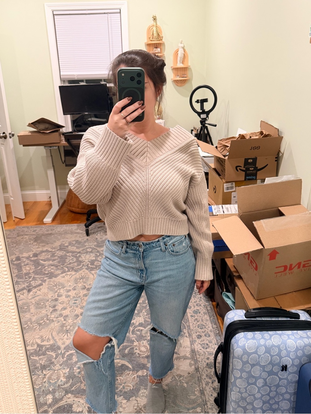 Abercrombie & Fitch Beige Ribbed V-Neck Cropped Sweater